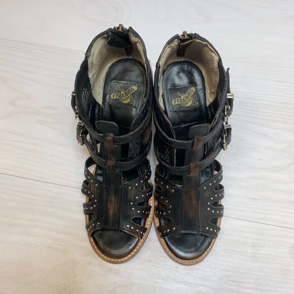 Freebird Womens Sz 8 Leather Boho Strappy Sandals Distressed Black Connor Heels - Picture 7 of 11